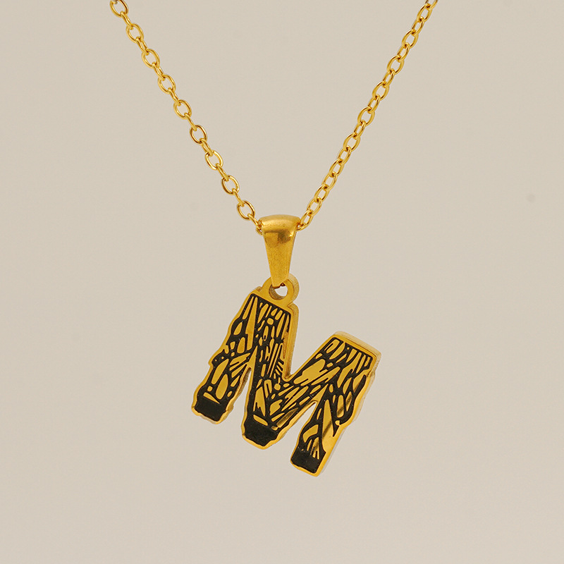 1 Piece Classic Bark Grain Unique Letter M Stainless Steel  Gold Color Unisex Pendant Necklaces h5 